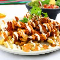 Buffalo Fries · French Fries topped with delicious spicy buffalo chicken tenders, chipotle sauce and ranch