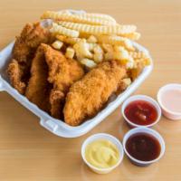 Chicken Tenders · Cooked fresh chicken breast in homemade batter. Served with honey mustard or honey BBQ sauce.