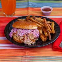 Barbeque Pulled Pork Sandwich · Coleslaw and pickles. Served with fresh cut fries.