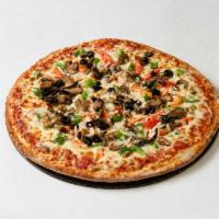 Vegetarian Pizza · Fresh sliced tomatoes, onions, green peppers, black olives, mushrooms, and extra cheese.