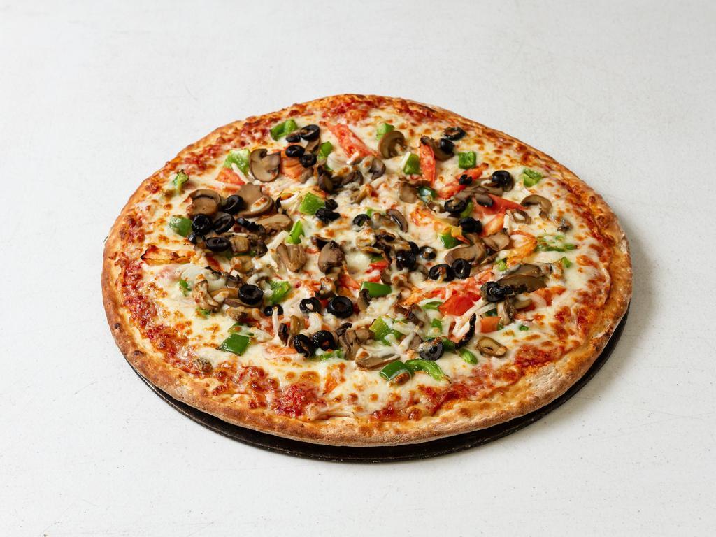 Vegetarian Pizza · Fresh sliced tomatoes, onions, green peppers, black olives, mushrooms, and extra cheese.