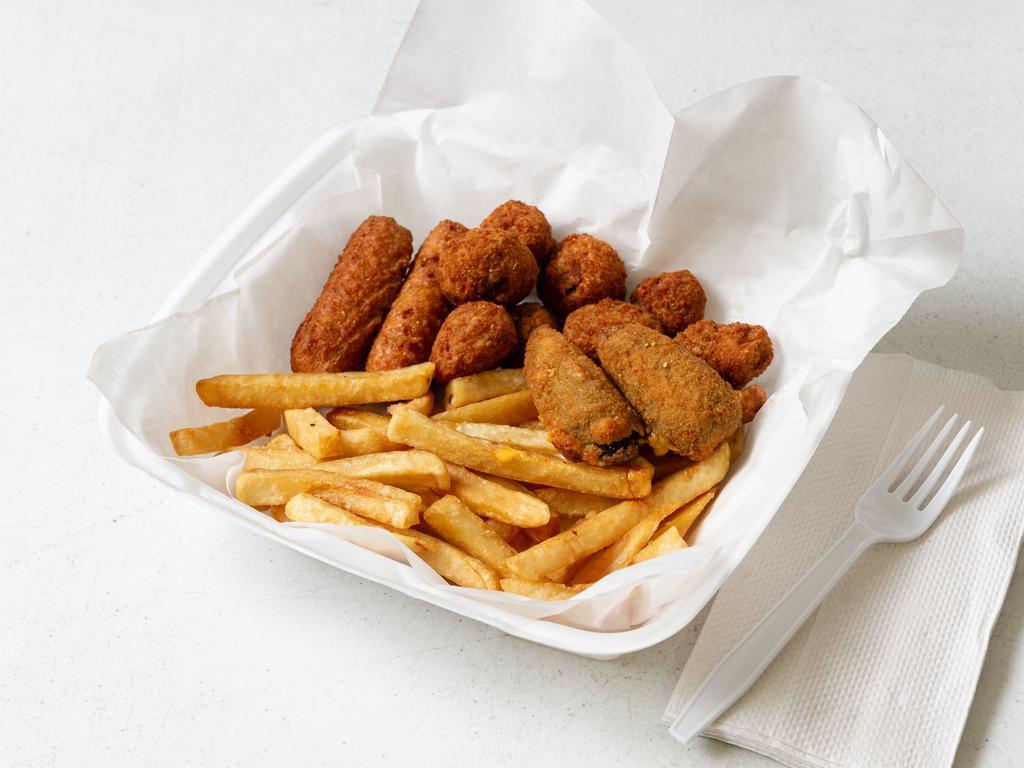 Side Order Combo · 2 mozzarella sticks, 2 jalapeno poppers, fried mushroom, and french fries.