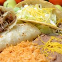 6. Beef Burrito and Beef Taco Combo Platter · Shredded beef burrito with bell peppers, onion and tomato shredded beef taco with lettuce an...
