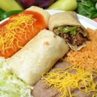 8. Beef Burrito and Enchilada Combo Platter · Shredded beef w/bell peppers, onion and tomato, cheese enchilada with lettuce. Served with r...
