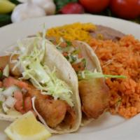 20. Fish Tacos Combo with Rice and Beans · Served with rice and beans.