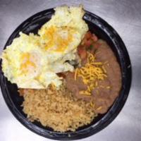 Huevos Rancheros Breakfast Platter · Served with 2 eggs, tortilla, rice and beans.