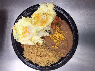 Huevos Rancheros Breakfast Platter · Served with 2 eggs, tortilla, rice and beans.