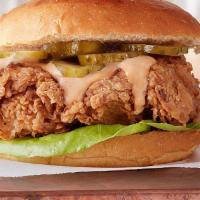 Fried Chicken Sandwich · Topped with spicy mayo and pickles on a brioche bun.