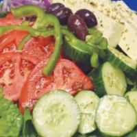 Big Greek Salad · Romaine lettuce, tomato, cucumber, red onions, green peppers, Kalamata olives, oregano, and ...