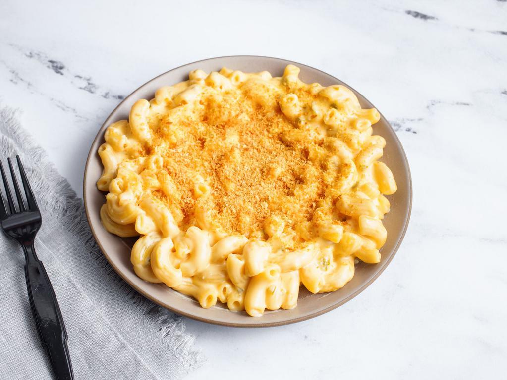 Jalapeno Popper Mac (V) · Spicy—but not too spicy! Sharp cheddar, cream cheese, pickled jalapenos and crispy breadcrumbs. Contains gluten, dairy, and nightshades. We cannot make substitutions.