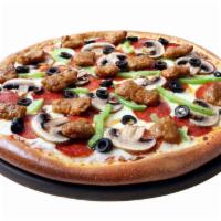 Deluxe Pizza · Traditional tomato sauce, mozzarella cheese, pepperoni, mushrooms, red onions, black olives,...