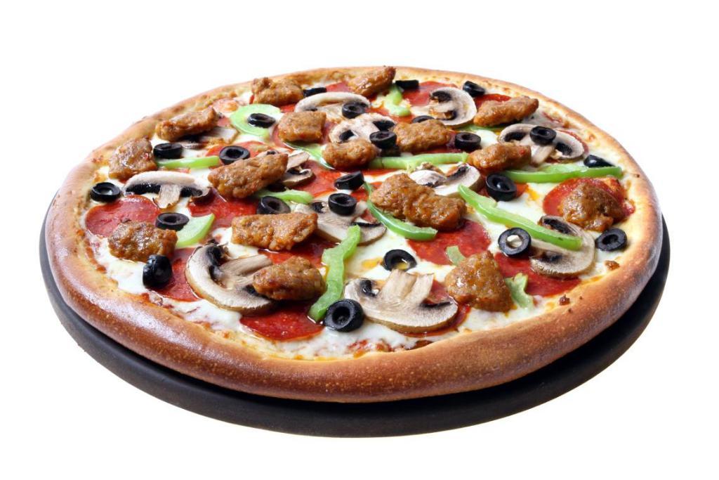 Deluxe Pizza · Traditional tomato sauce, mozzarella cheese, pepperoni, mushrooms, red onions, black olives, green bell peppers and zesty sausage.