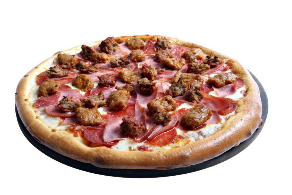 Meat Lovers Pizza · With homemade tomato sauce, Mozzarella cheese, pepperoni, salami, Canadian bacon, prosciutto, sausage and meatballs.