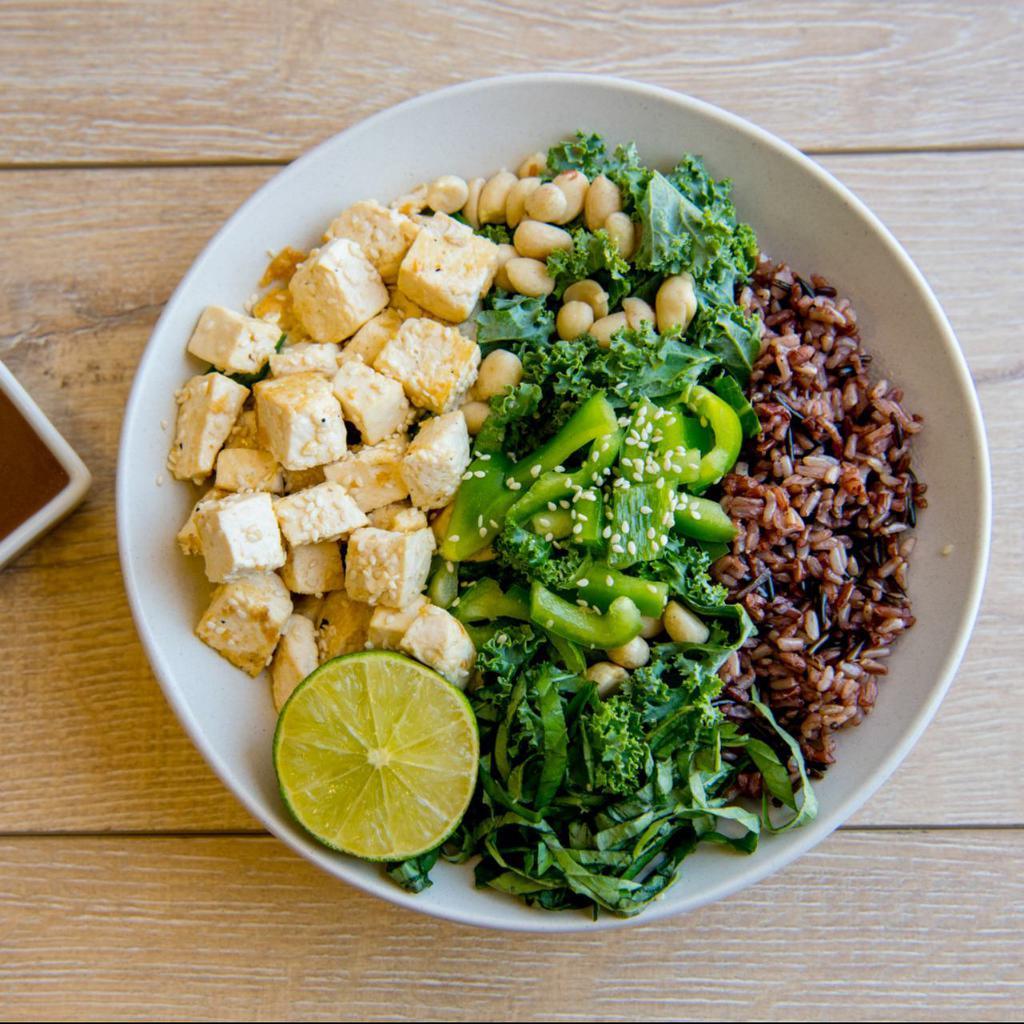 Thai Sesame Peanut · Mixed greens,sauteed mushrooms, green peppers, basil,roasted peanuts, sesame seeds, peanut dressing, lemon wedge. Served with a base of your choice and either roasted antibiotic-free chicken or roasted sesame tofu. (Gluten-Free ＆ Vegan)