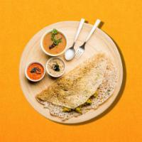 Spicy Semolina · Crispy golden semolina crepe filled with a mildly spiced potato mix and served with a lentil...
