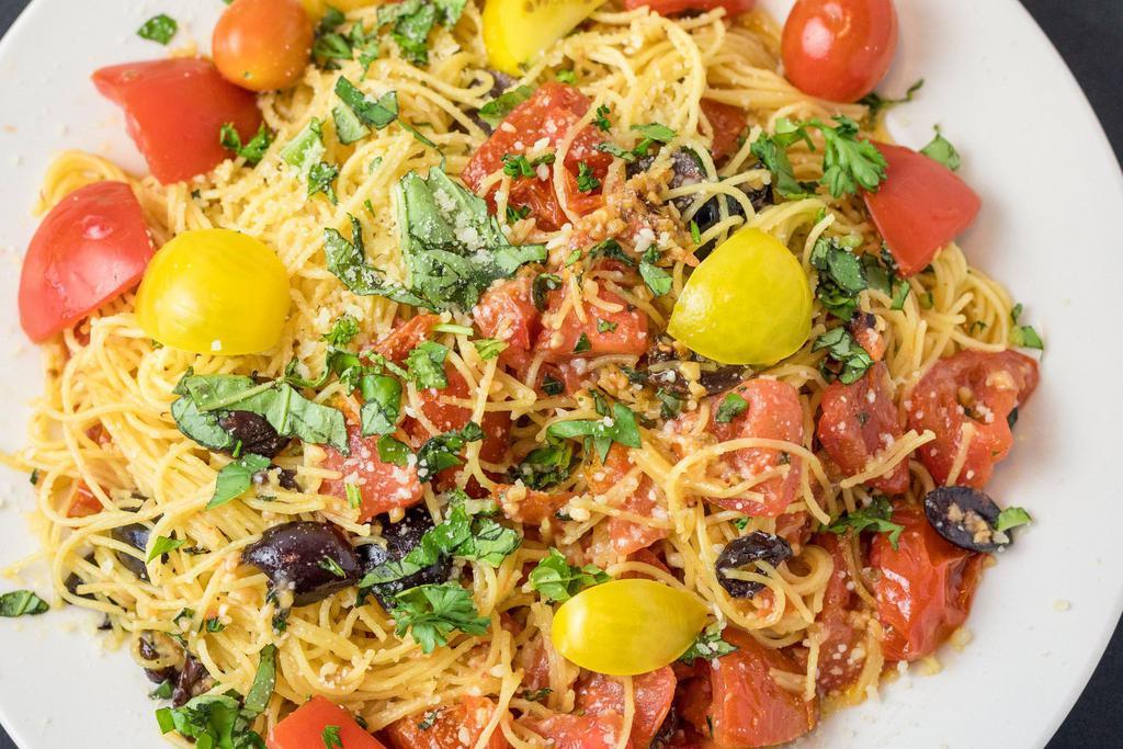 Pomodoro · Capellini, Kalamata olives, Roma tomatoes, fresh basil, toasted garlic, olive oil, Parmesan. Add chicken for an additional charge.