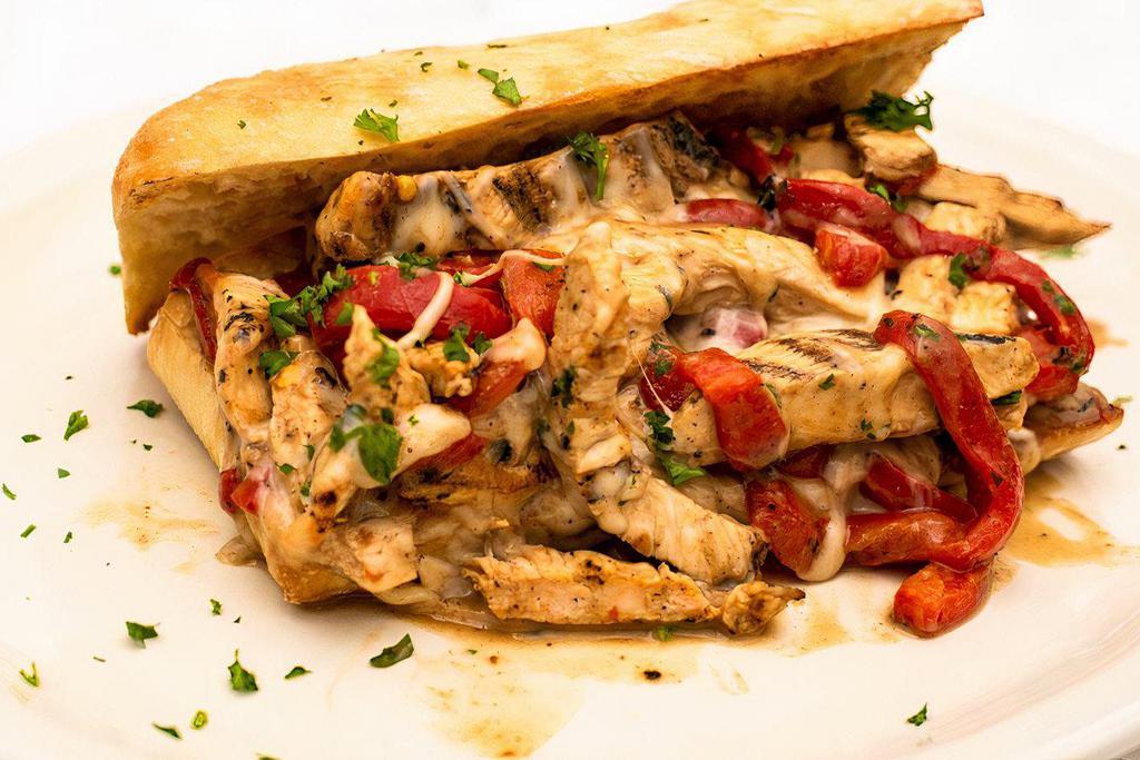 Chicken ＆ Peppers · Grilled chicken, mozzarella, roasted peppers, balsamic glaze, basil, salt and pepper.