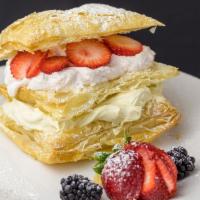 Napoleon · Three layers crispy pastry, filled with yummy vanilla and strawberry custard, seasonal berri...