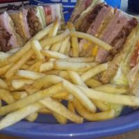 Club Sandwich with fries · Decker with Ham Turkey Bacon Cheese Lettuce Tomato Mayo and fries