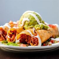 Taquitos · smoked chicken, cheddar, mozzarella, pico de gallo, beans, sour cream, guacemole