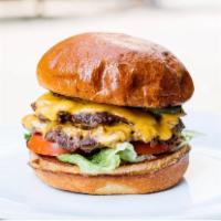 Theory Burger · two flattop patties, american cheese, lettuce, tomato, onion, pickle, brioche bun 
