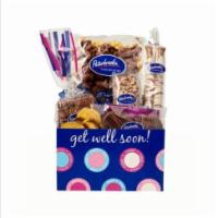 Get Well Soon Box Basket · 6 oz. milk chocolate popcorn and three two-piece items in get well soon box basket.