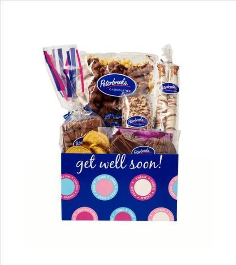 Get Well Soon Box Basket · 6 oz. milk chocolate popcorn and three two-piece items in get well soon box basket.