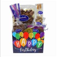 Happy Birthday Box Basket · 6 oz. milk chocolate popcorn and three two-piece items in happy birthday box basket.