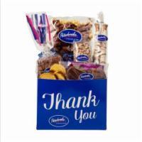 Thank You Box Basket · 6 oz. milk chocolate popcorn and three two-piece items in thank you box basket.
