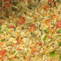 Saltfish with Rice Dinner · Salted fish sautéed with vegetables, served with choice of rice & beans or plain rice & cabb...