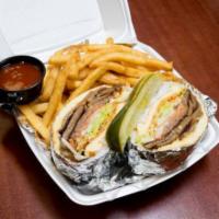 Gyro Cheeseburger with Fries · Onions, Ketchup, Mustard, Pickles, Lettuce, Tomatoes, American Cheese,and Gyro Sauce.