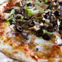 Vegetarian Pizza XL · Cheese, mushrooms, onions, green peppers, mild peppers and black olives.