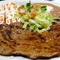 Enchiladas con Carne Asada y Frijoles · 3 cheese and onion enchiladas. Served with side of grilled beef and refried beans.