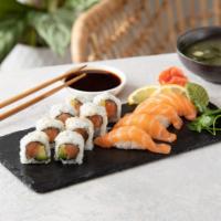 Salmon Combo · Salmon avocado roll and 4x salmon sushi. Raw or undercooked.