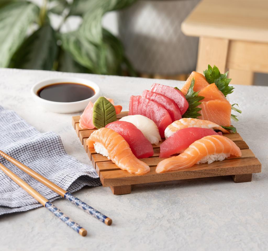 Sushi and Sashimi Combo · 3x Tuna sashimi, 3x salmon sashimi, 2x tuna sushi, 2x salmon sushi,  1x shrimp sushi, 1x tilapia sushi. 