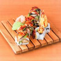 Tori Japan Roll · Eel, shrimp tempura, cucumber, roe, eel sauce.