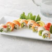 Rainbow Roll · Salmon, tuna, shrimp, tilapia, crabmeat, avocado. Raw or undercooked.