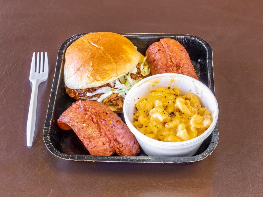 2 Meat Combo with 1 Side · Choice of hot links, pulled pork, shrimp or rib tips.