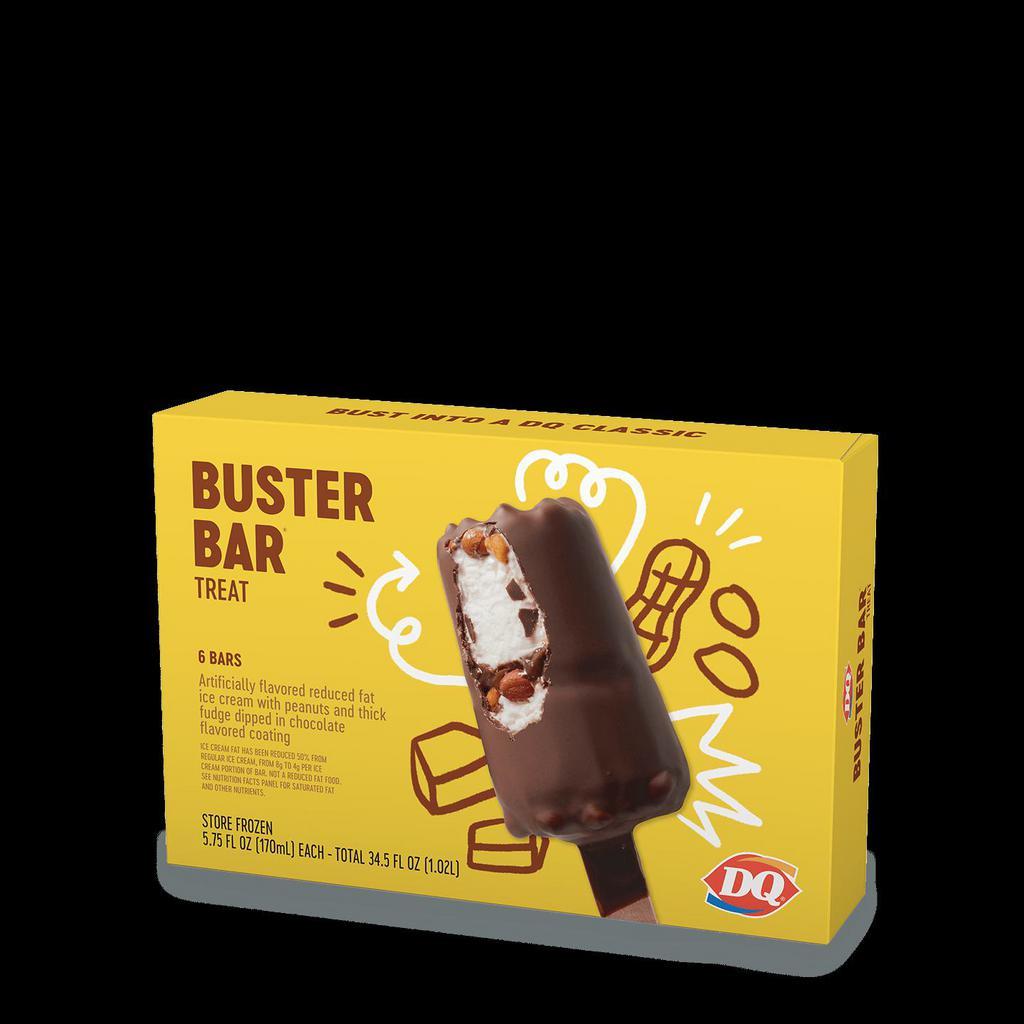 Buster Bar® · 6 pack. A fresh take on our classic peanut buster parfait, the buster bar is made with layers of cold, creamy DQ® vanilla soft serve, chocolate fudge, and peanuts all dipped in luscious, chocolate-flavored coating.