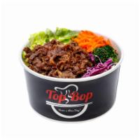 1. Beef Bop · Bulgogi style beef, rice, lettuce, broccoli, carrot, red cabbage. Default sauce: level 1.