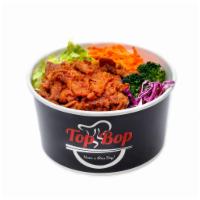   3. Spicy Pork Bop · Spicy marinated pork, rice, lettuce, broccoli, carrot, red cabbage. 