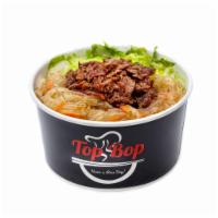 8. Noodle Bop · Sweet potato noodle with beef (Japchae), carrot, onion, rice, lettuce. Default sauce: level 1.