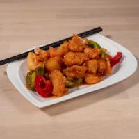 Sweet ’n Sour Swai · Bite sized pieces of swai fish, pineapple, bell pepper mix, and tomato in a sweet 'n sour sa...