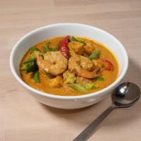 Shrimp Curry Soup · Shrimp, dry tofu, cabbage, red bell pepper, tomato, and string beans simmered in a stew of c...