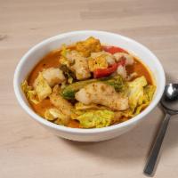 Swai Curry Soup · Swai fish, dry tofu, cabbage, red bell pepper, tomato, and string beans simmered in a stew o...