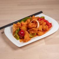 Sweet N Sour Chicken · Crispy chunks of chicken, pineapple, bell pepper mix, and tomato in a sweet 'n sour sauce.