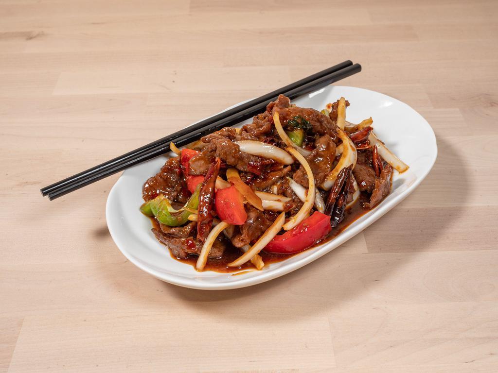 Kung Pao Beef · Beef, bell pepper, onion, dry chili, green onion tossed in our house Kung Pao sauce.