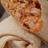 El Cherrio · Eggs, spicy chicken, red salsa, avocado, caramelized onions and melted mixed cheese rolled i...