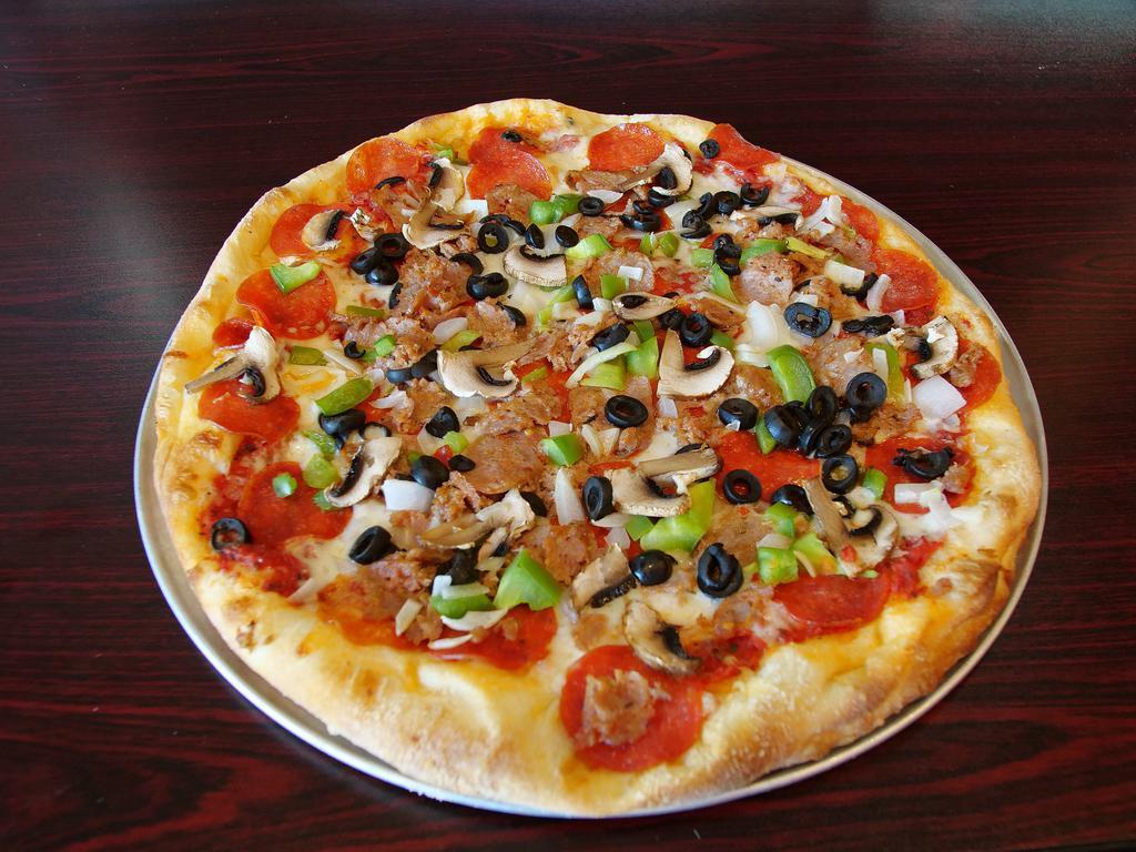 Supreme Pizza · Mozzarella, pepperoni, sausage, mushroom, onions, green peppers and black olives.