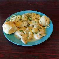 Chicken Piccata · Chicken medallions sauteed with artichoke hearts in a white wine and lemon-butter sauce. Ser...